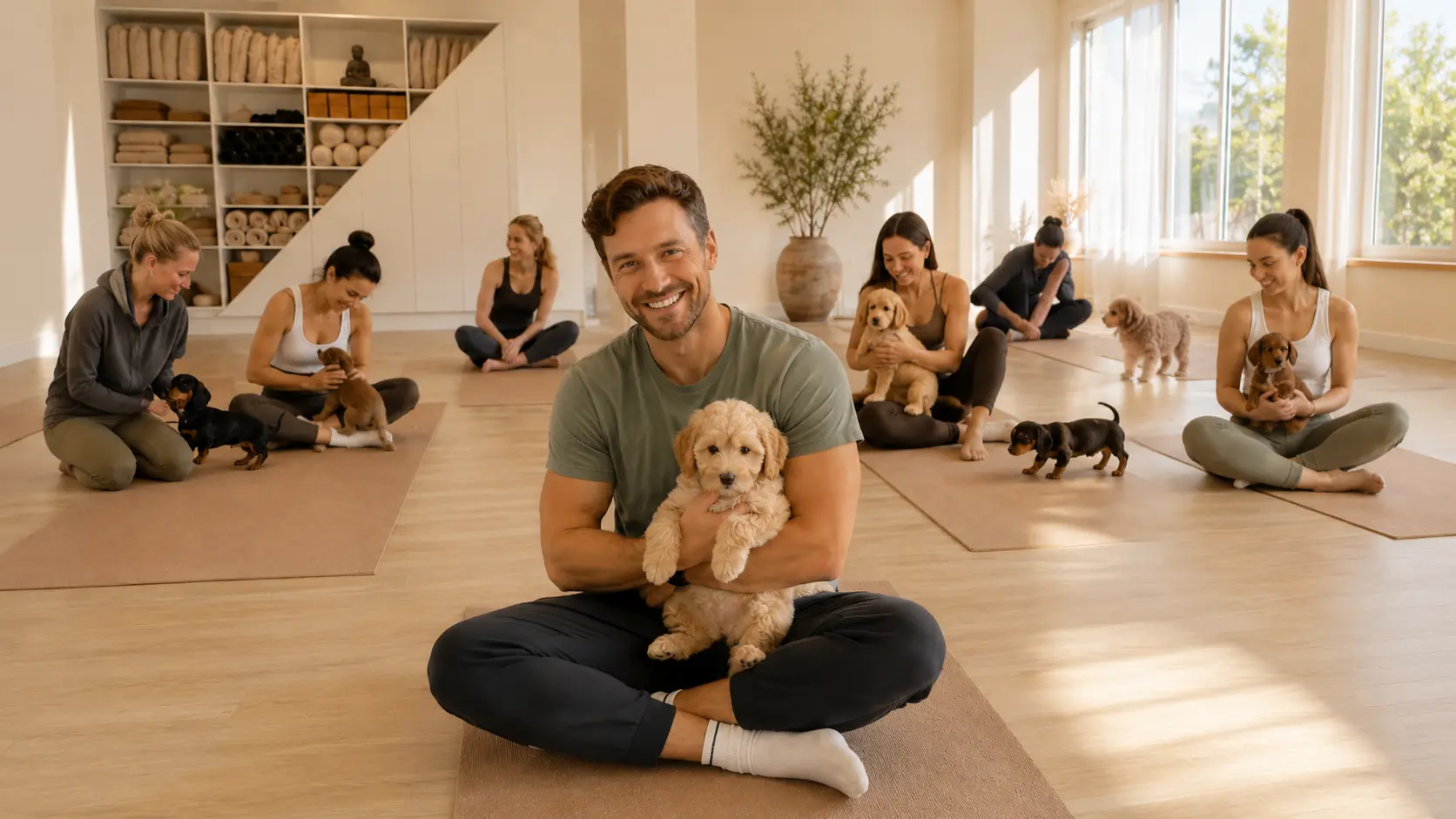 Lystig hvalpeyoga i lyst studie