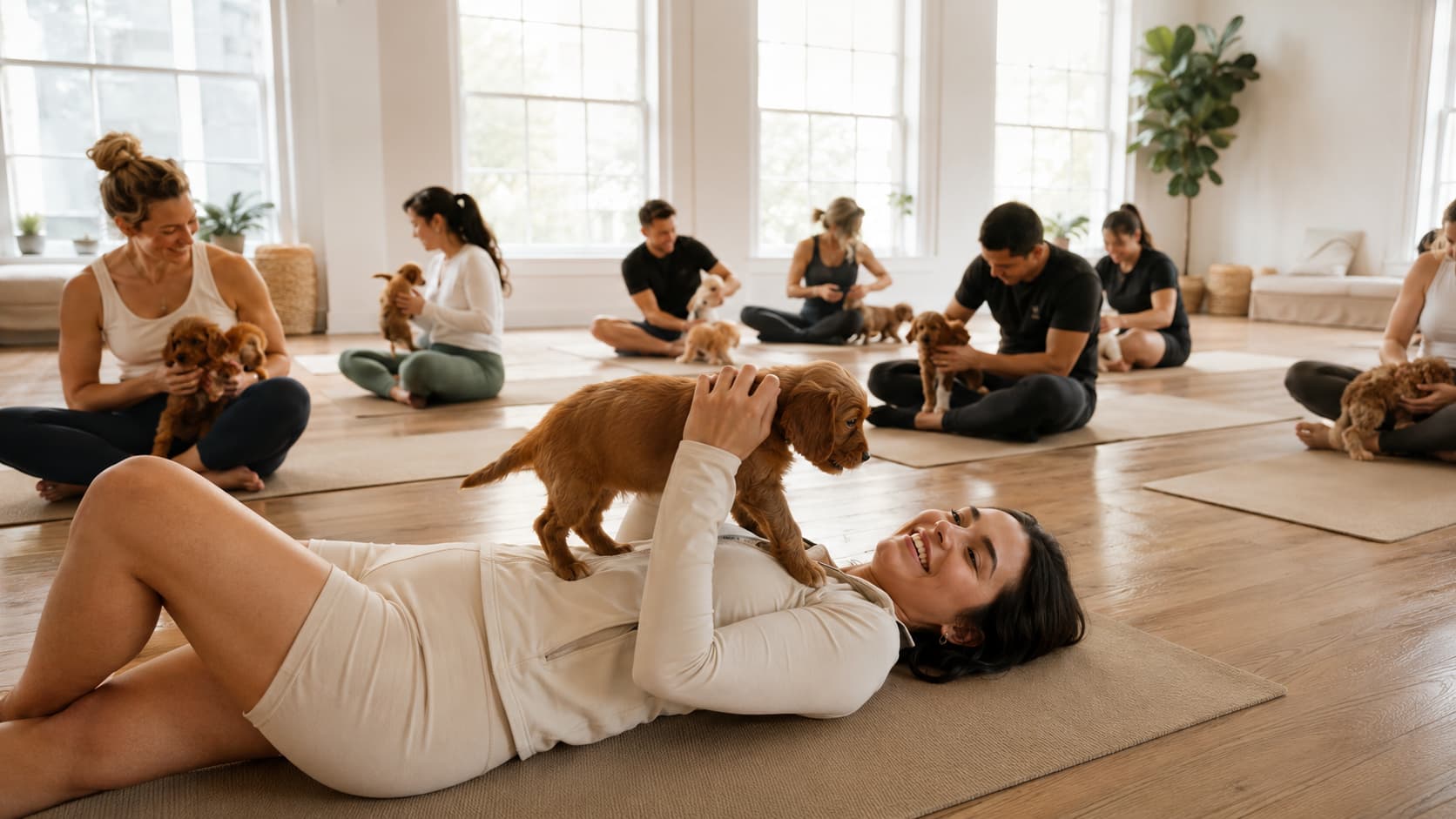 Yogasession med hvalpe, en kvinde der ligger ned og holder en hvalp